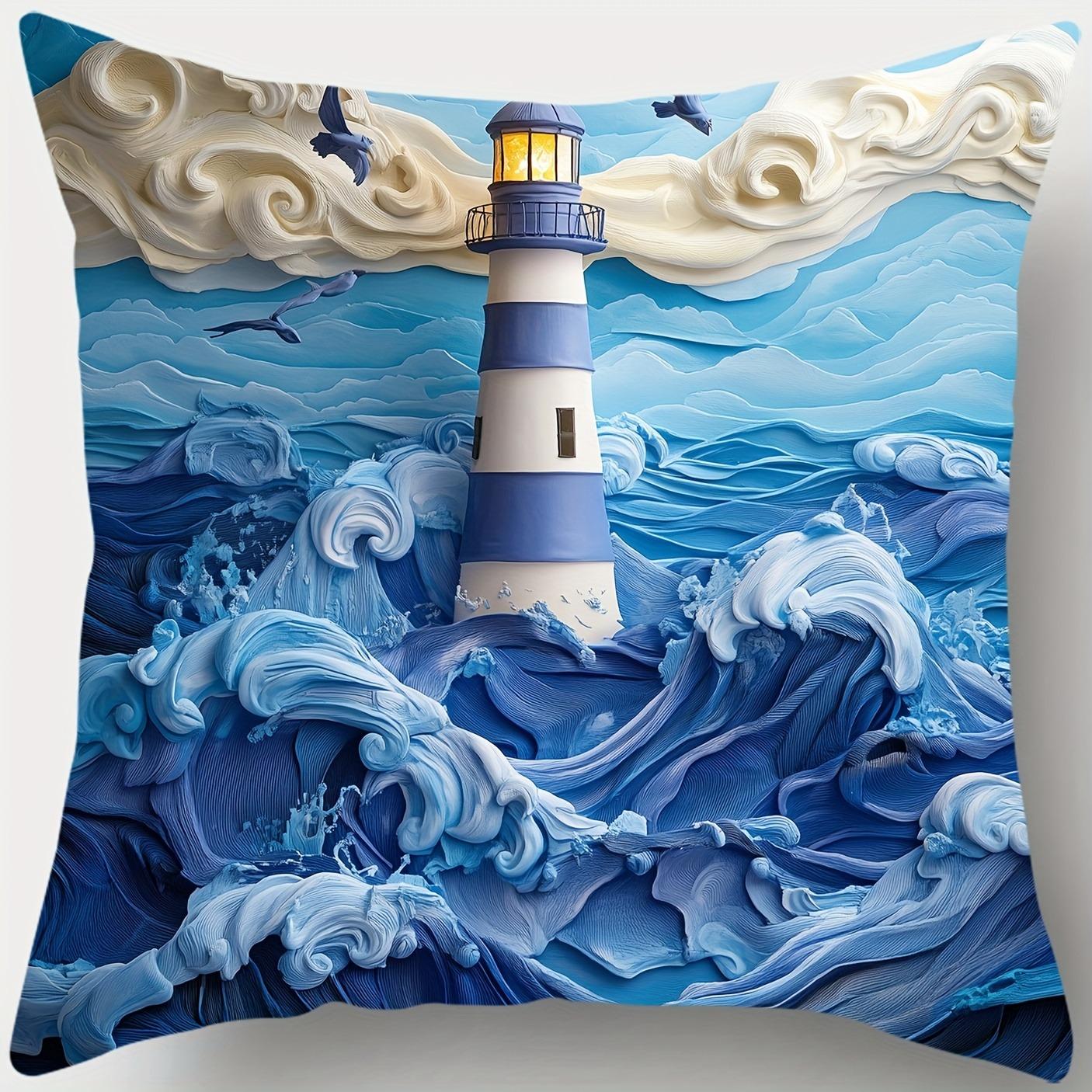 

Marine style sailboat, anchor, lighthouse pattern pillowcase suitable for sofa car bedroom decorative cushion cover 16x16Inch