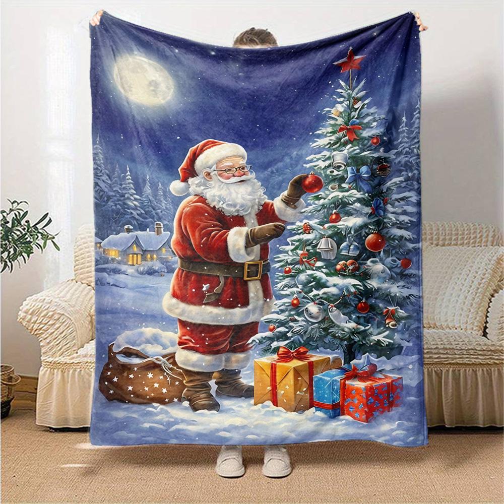 1pc Christmas, Santa Blanket Lightweight Flannel Throw for Sofa Bed Travel Camping Livingroom Office Couch Chair