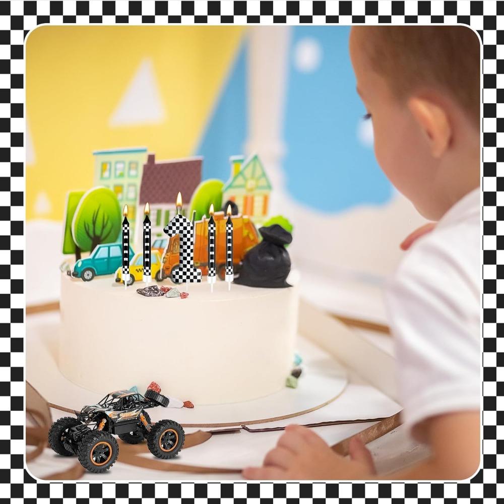 1/6/12/13 Pcs Racing Cars Themed Birthday Candles Black and White Race Number Checkered Candle Cake Topper for Racing Car Party
