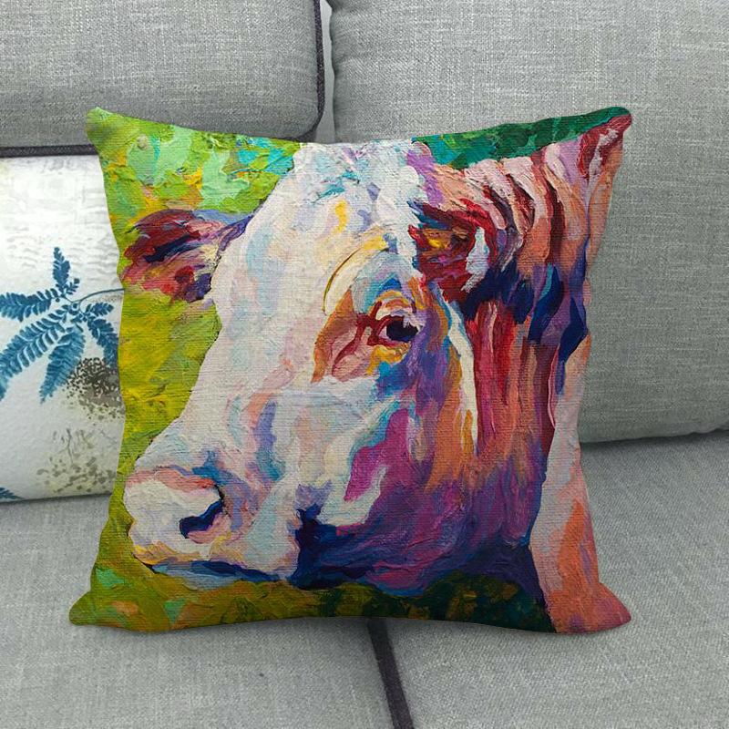 Cow-Themed Color Oil Painting Digital Printing Short Plush Pillow Covers For Car Sofa Office Cushion Cover Home Goods