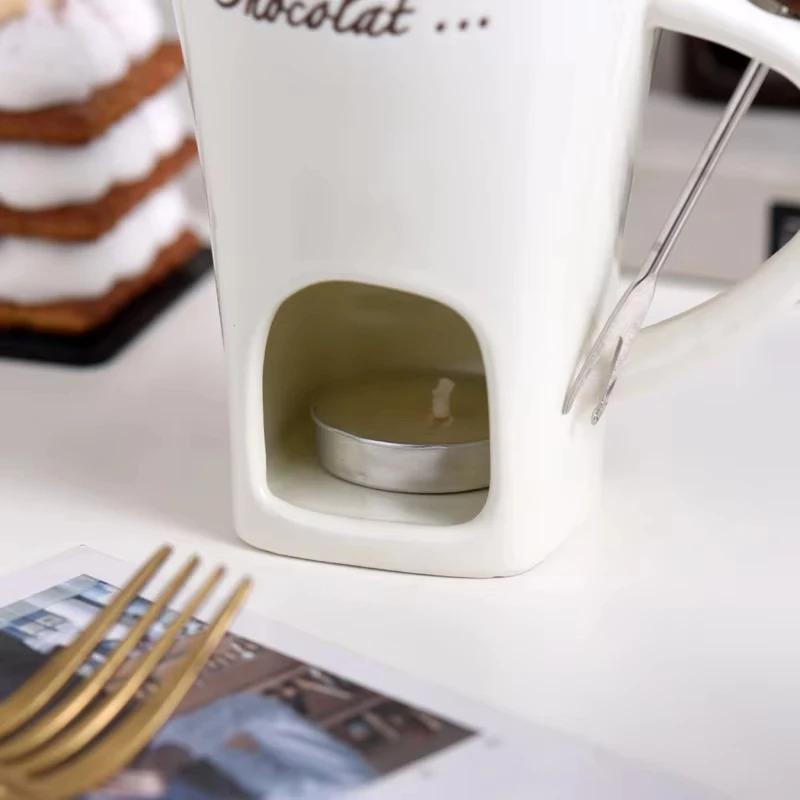 130ml Xícara para Fondue de Chocolate Xícara Europeia com Vela Caneca de Cerâmica Aquecimento de Comida Queijo Criativa Caneca de Café com Garfo Festa de Natal