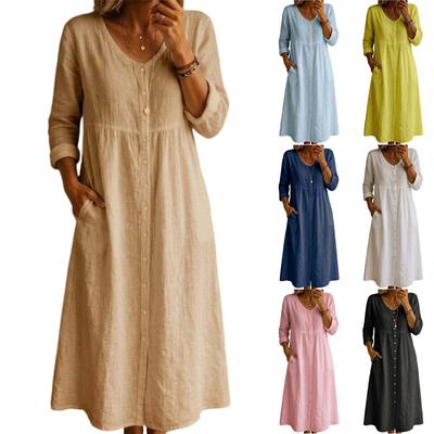 Women's Fashionable Casual Cotton-Linen Long-Sleeve Button-Down Dress