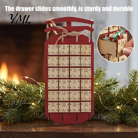 Wall Hanging Christmas Decor Wooden Sleigh Advent Calendar, 24-Day Countdown Box with Drawers, Decoration for Home Tree Decor, Holiday Surprise Candy