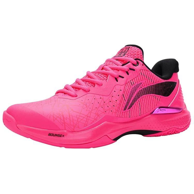 Li Ning Fabric Cushioning Slip Resistant Abrasion Resistant Low Top Badminton Shoes Unisex Fluorescent Fruit Pink AYAS018-1