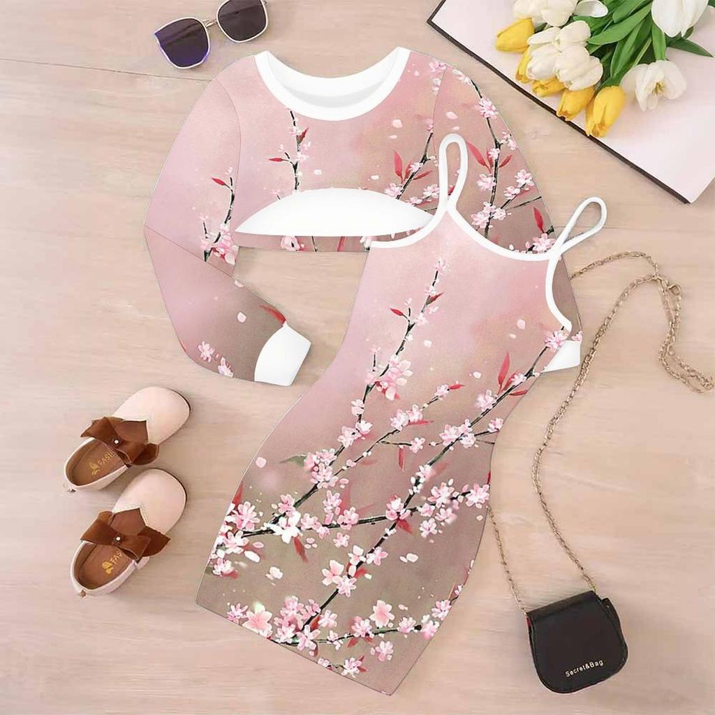 Girls Cartoon 2 Piece Outfits, Long Sleeve Crop Top + Spaghetti Strap Bodycon Dress, Mountain Scenery Print Party Dress Set