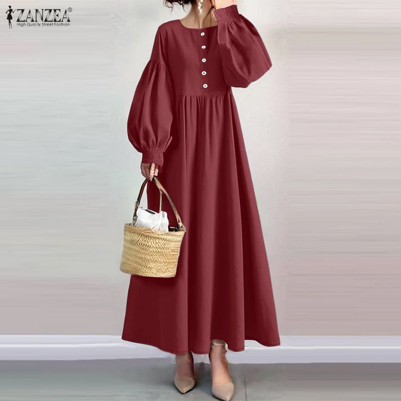 ZANZEA Rochie lejeră cu mânecă lungă, lejeră, cu gât rotund