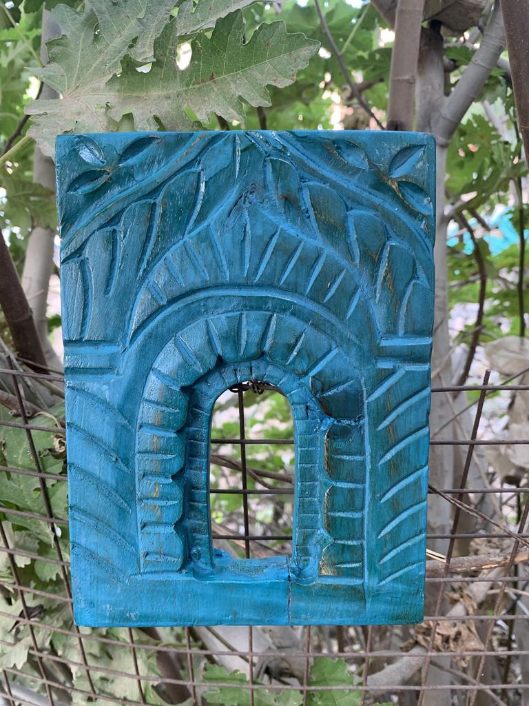 Blue Distressed Wooden Wall Frame Hand Carved Jjharokha Panel Home Decor