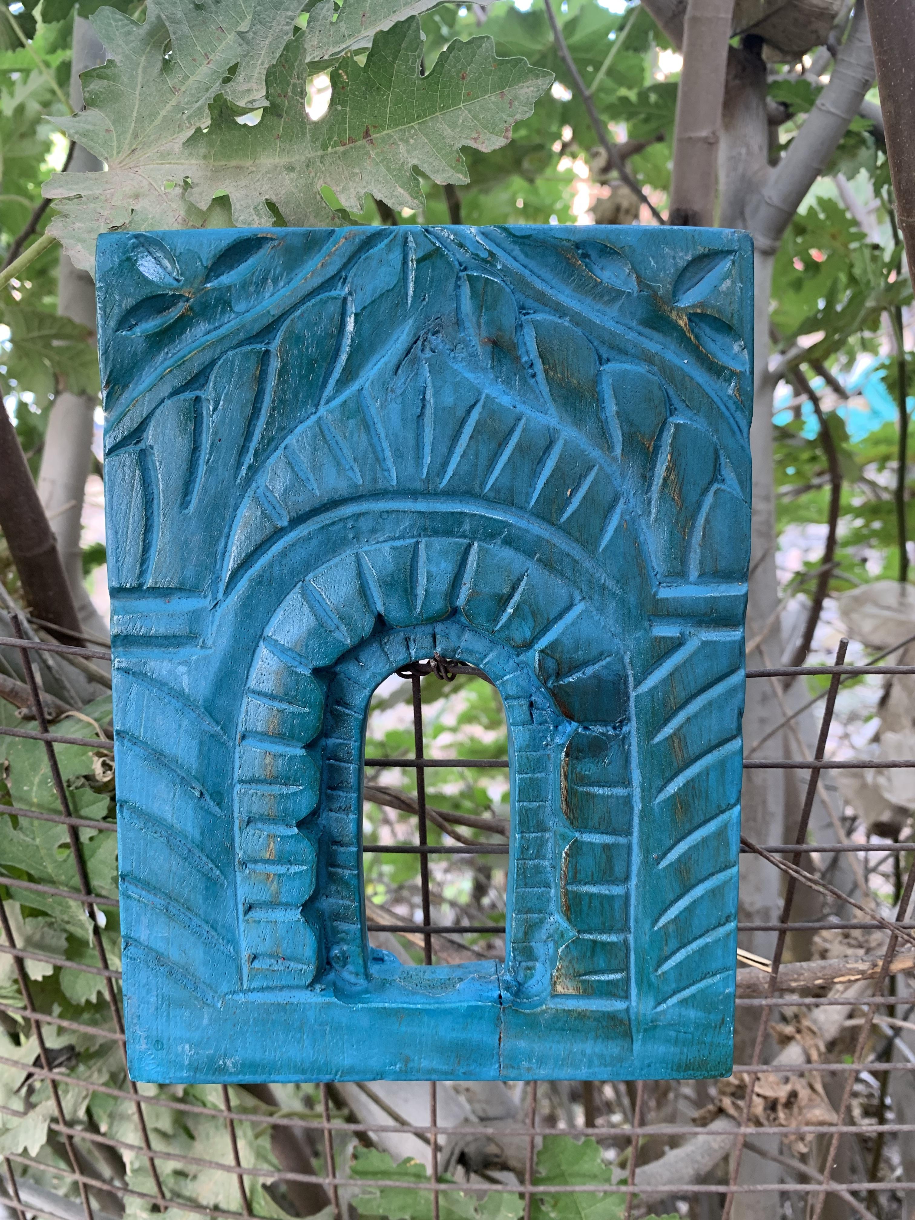 Blue Distressed Wooden Wall Frame Hand Carved Jjharokha Panel Home Decor 8  x 5.5  x 1   (h x l x w) approx.