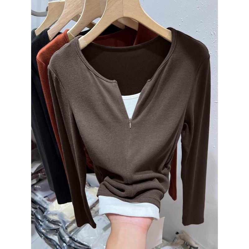 Zipper Fake Two-piece Top Women's Spring Contrasting Color Splicing Card Waist Pleated Long-sleeved Shirt Bottoming Shirt Tide