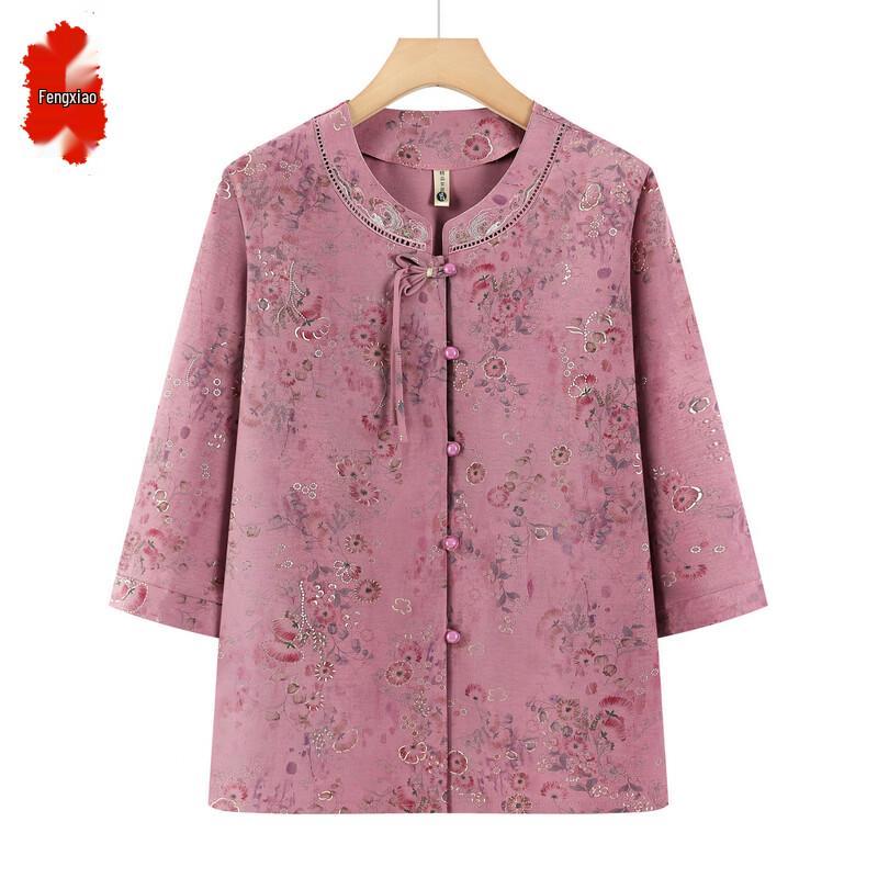 Women s Summer Round Neck Seven-Sleeve Floral Blouse 5XL