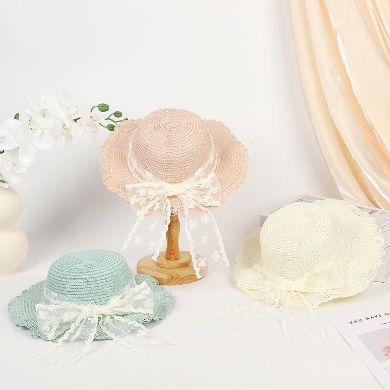 Sweet Lace Bow Straw Hat Outdoor Big Eaves Sun Hat Fashion Lace Ribbon UV Protective Straw Hat