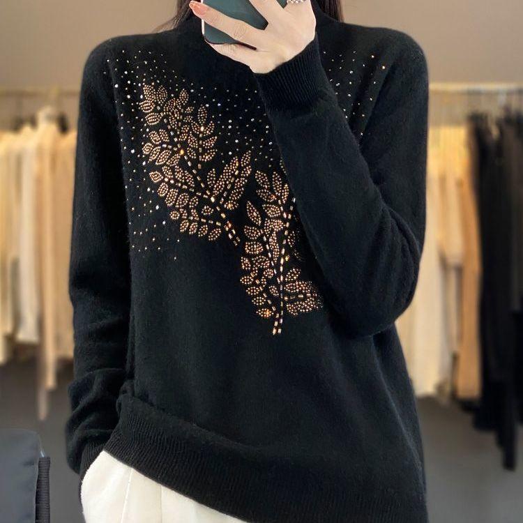 Sweter damski z czystej wełny, dopasowany krój, gorący diament, dzianinowy, gruby i ciepły, jesień, zima, nowy, półwysoki kołnierz, kaszmirowe swetry