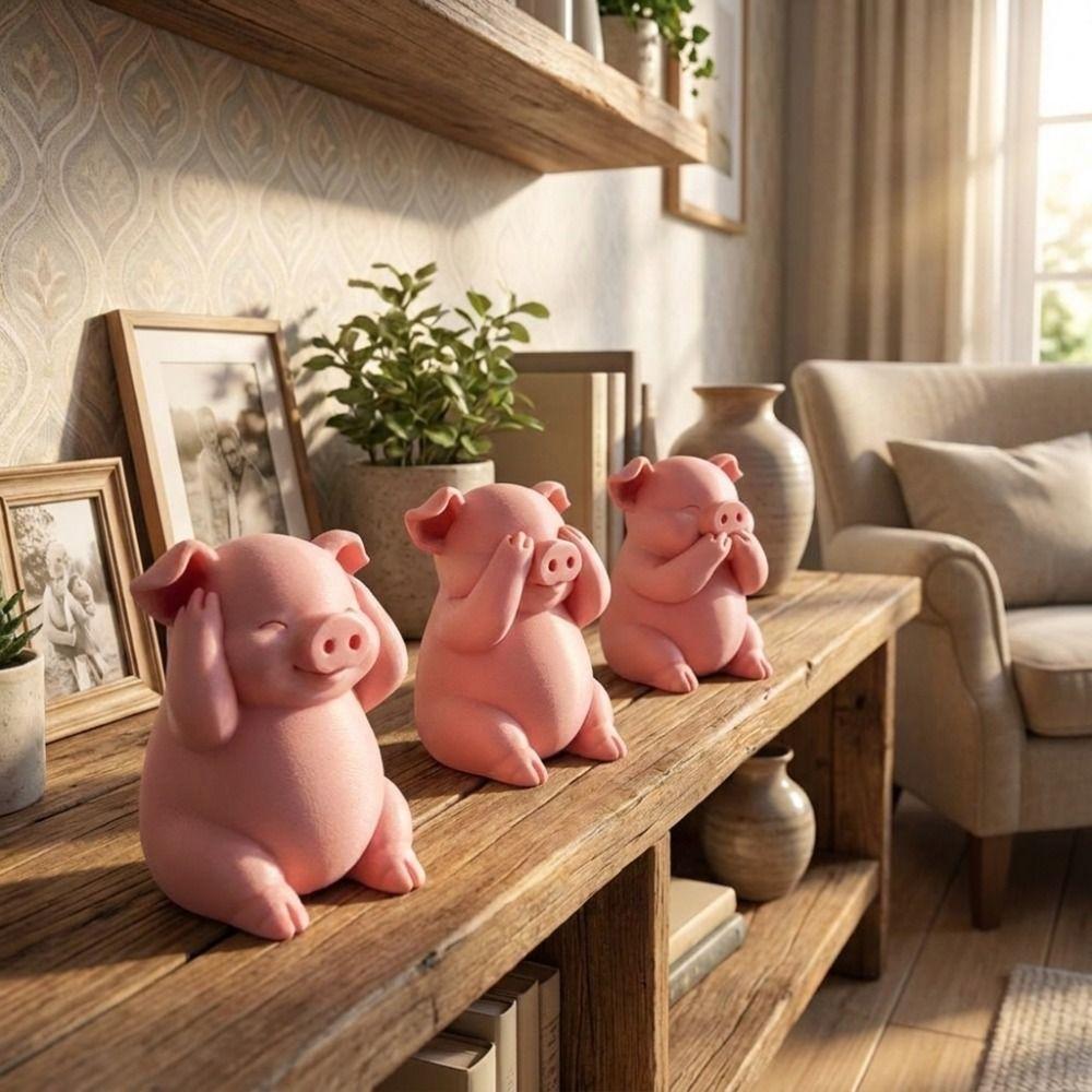 3 Stück 3D-Druck Rosa Schweinefigur Cartoon-Ferkelfigur Lustige Schweinestatue Schlafzimmerdekoration