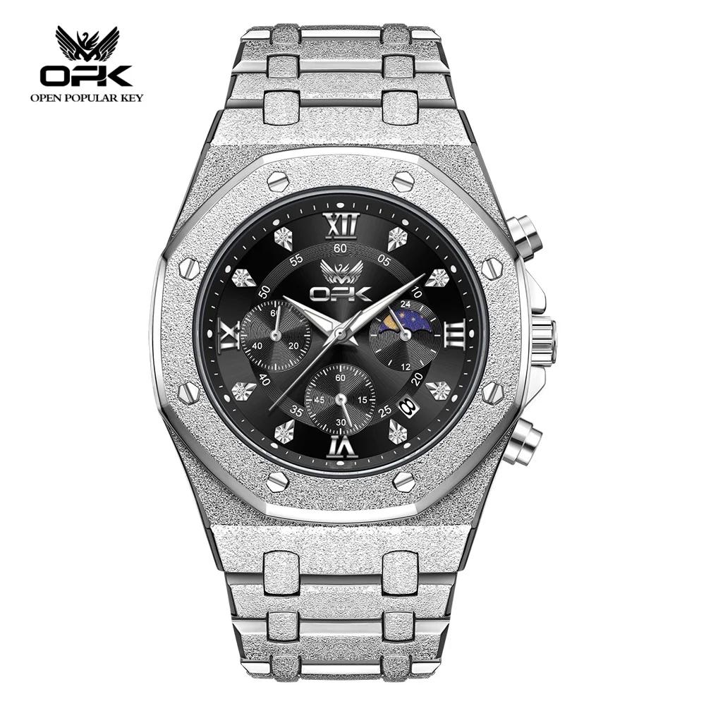 Waterproof Mens Chronograph Watches Steel Strap Moon Phase Calendar Frosted Metal Casual Wrist Watch