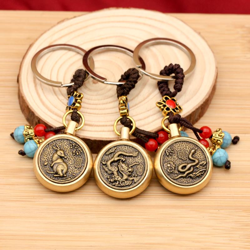 Rotating Brass Zodiac Signs Vermilion Gourd Keychain for Wealth & Treasures