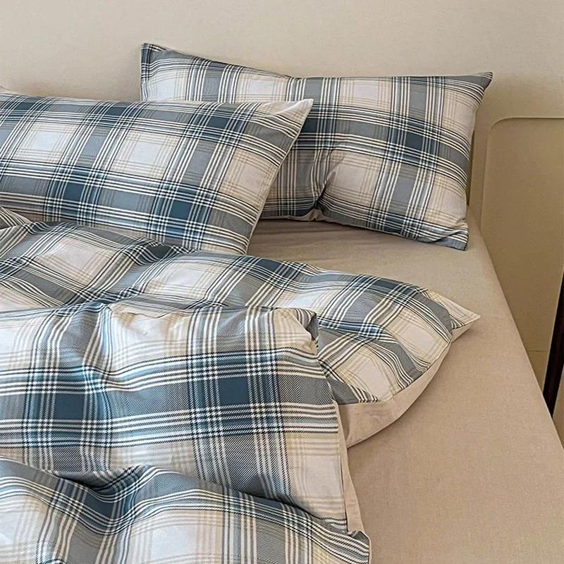 High Quality Grid Printed Flat Sheet Bedding Sets Light Luxury Cotton Soft Quilt Cover Single Double Bed Comfort Set for Adults