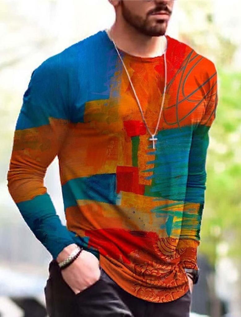 3D Men's Long Sleeve World Map Leisure Sports Fitness Retro Classic Long Sleeve Outdoor Sports T-Shirt Oversized Warm Longsleeve