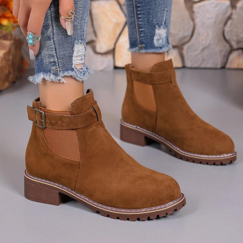 Women's Boots Autumn New Fashion Round Toe Suede Thick Heel Booties Women Belt Buckle Ankle Boots Mujer Plus Size 35-43