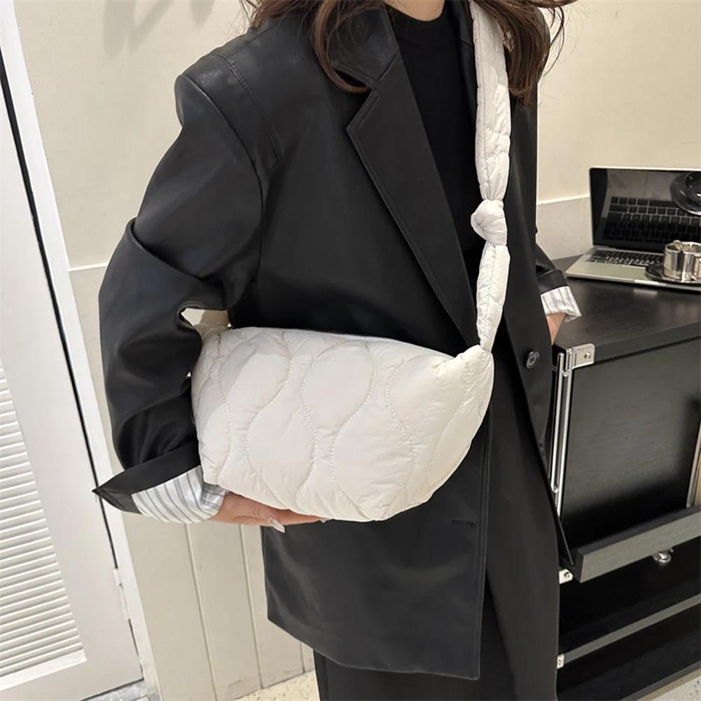 Female Puffer Shoulder Bag Trendy Soft Down Cotton Underarm Bag with Zipper Quilted Simple Crossbody Bag Solid Color Lightweight