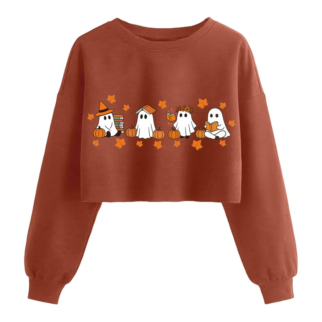 Women's Fashion Halloween Printed Navel-Exposed Long Sleeve Pullover Sweatshirt
