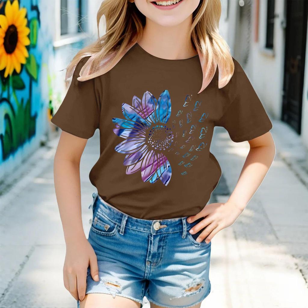 Kindermode Kurzarm Rundhals Floral Bedruckt Lässiges T-Shirt Top