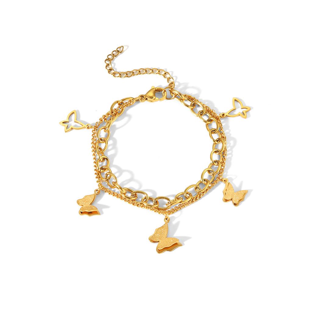 18k Gold Stainless Steel Double Layer Bracelet for Women, Non-fading Butterfly Pendant Titanium Steel Bracelet
