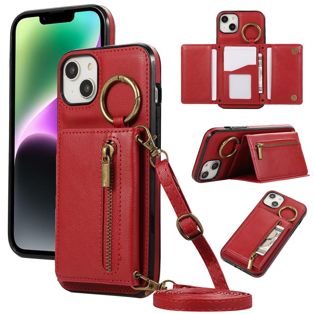 For iPhone 14/13 Leather Back Cover Zipper Wallet Kickstand Phone Case with Shoulder Strap