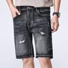 New Summer American Casual Denim Shorts Retro Straight Mid-tie Ripped Five-point Pants