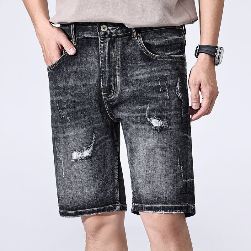 New Summer American Casual Denim Shorts Retro Straight Mid-tie Ripped Five-point Pants
