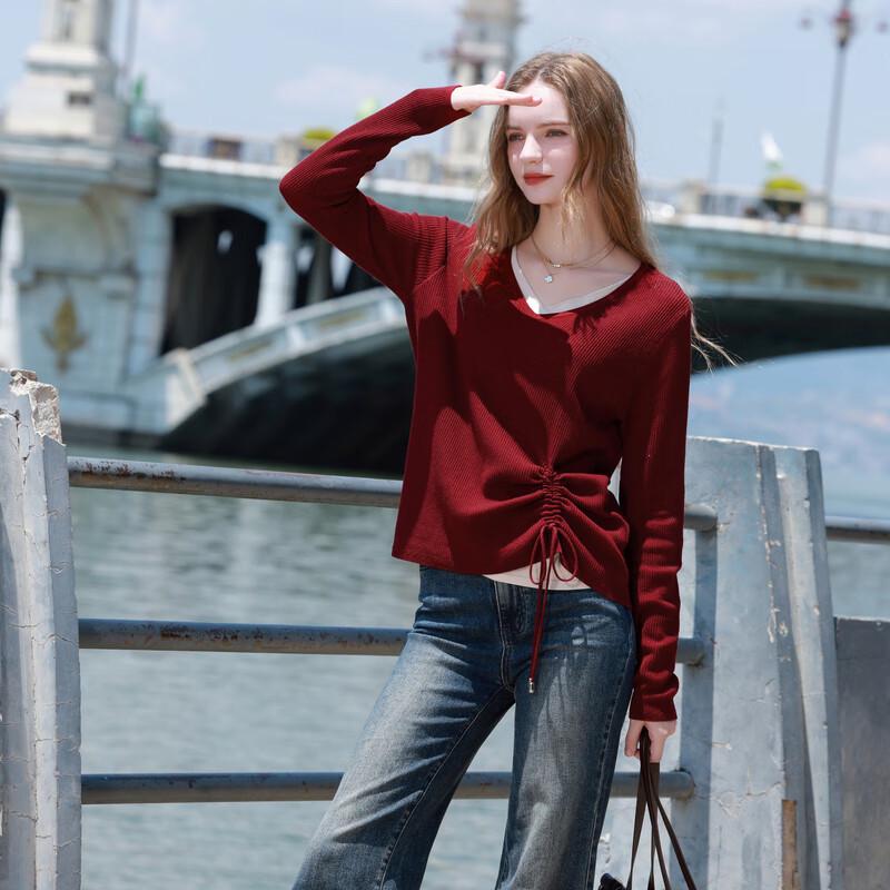 SanCai 2025 Autumn Fake Two-Piece V-Neck Knit Pullover