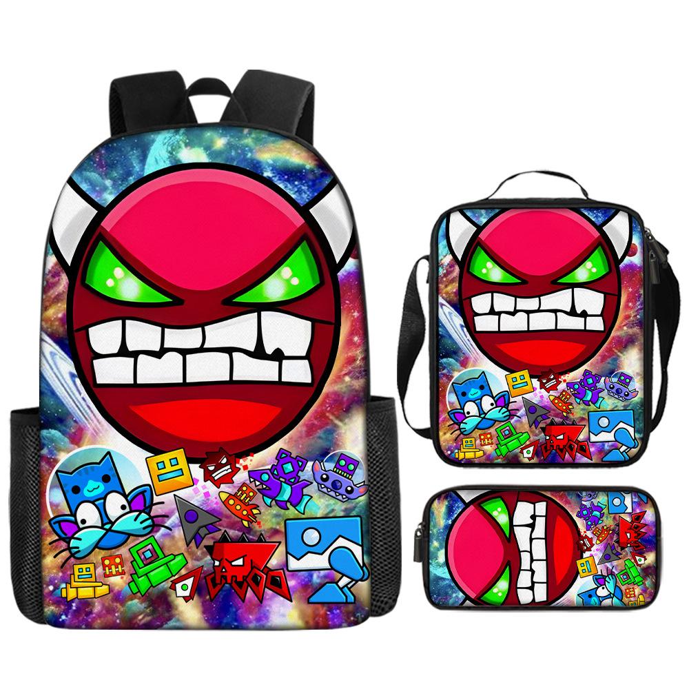 Cartoon Geometry Dash Kinder Schulrucksack mit Umhängetasche Federmäppchen Schultaschen für Jungen Mädchen Bestes Geschenk