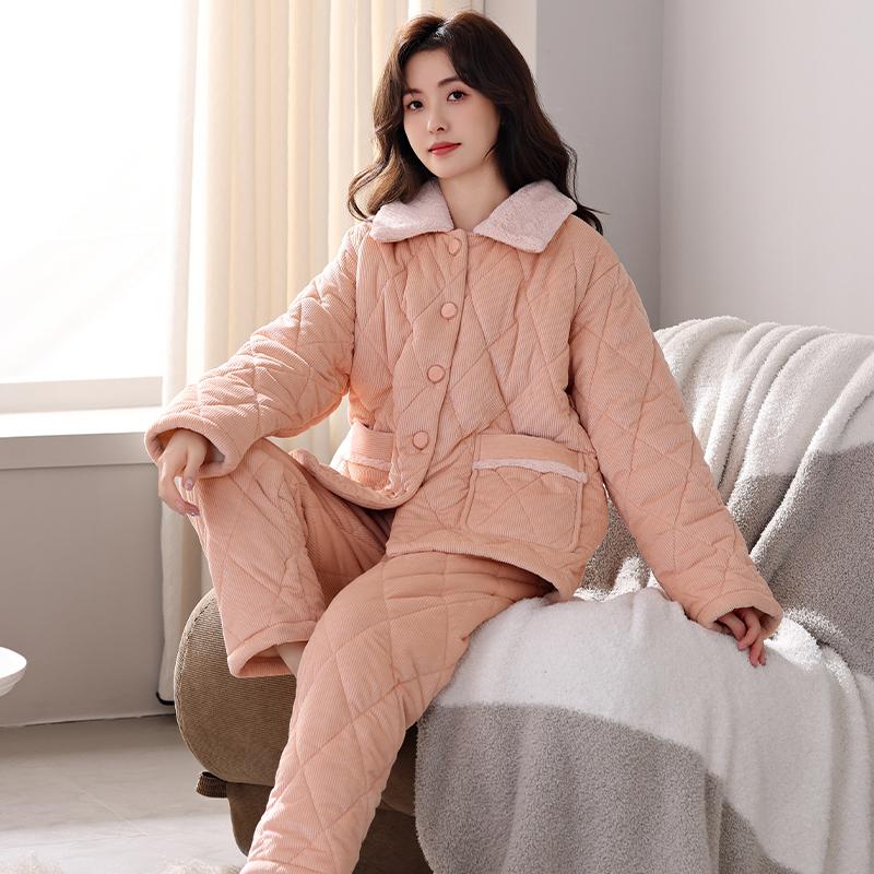 

Трехслойный стеганый пижамный комплект для женщин, трикотажная хлопковая стеганая пижама для женщин, теплая пижама для женщин 2XL