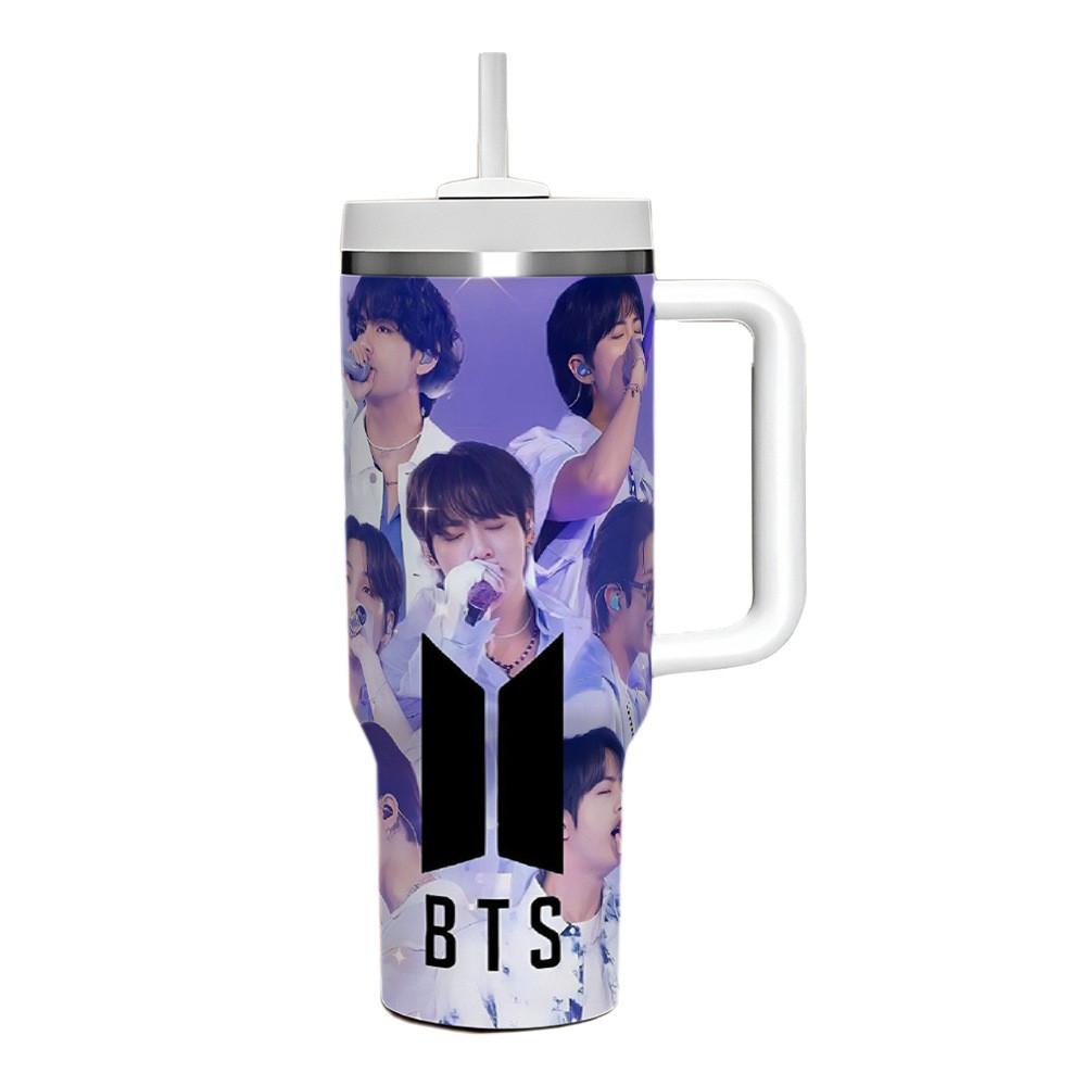 Bts 40oz Auto Reismok Met Handvat En Rietjes Draagbare Geïsoleerde Fles Voor Dagelijks Gebruik