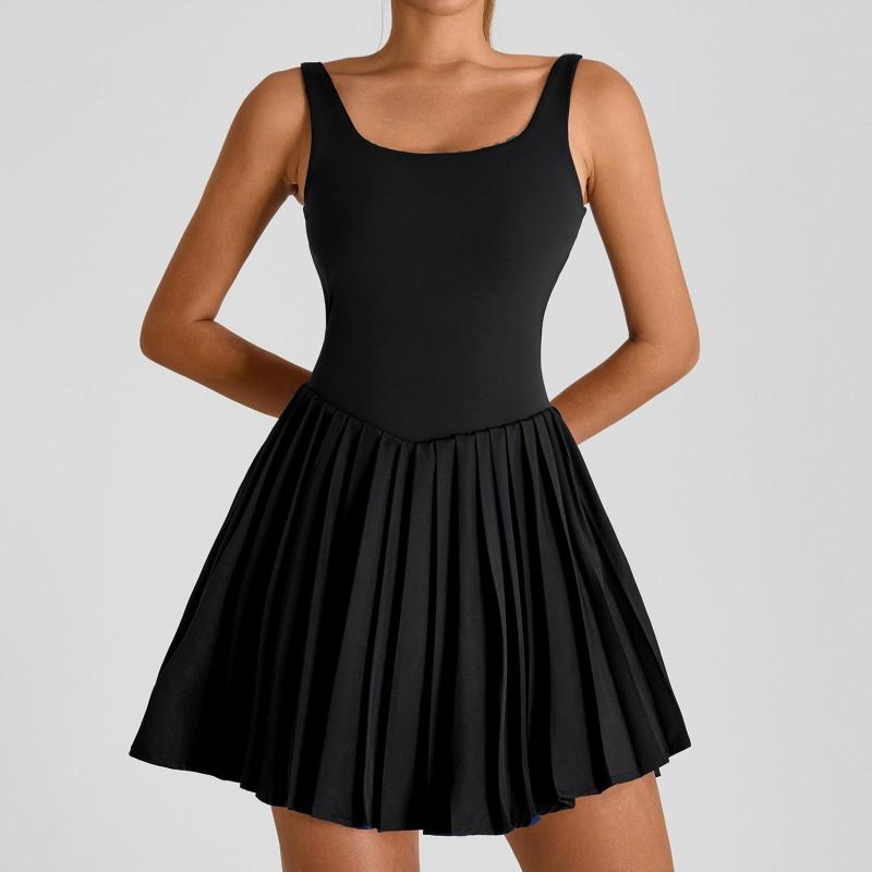 Womens Backless Sport Dress With Built-in Shorts Pleated Yoga Skirt Tennis Running Gym Outdoor Fitness
