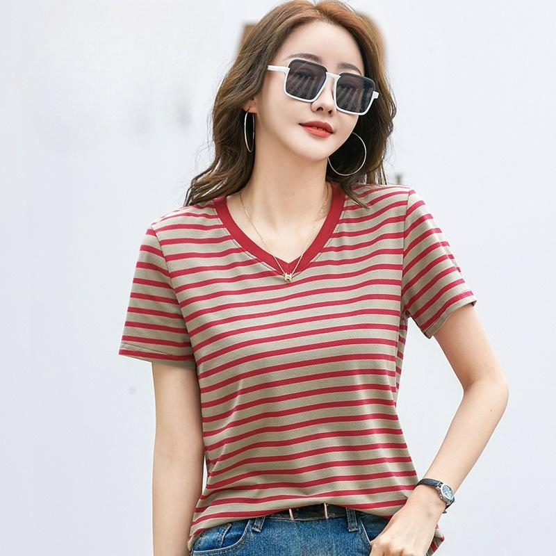 Contrast Color V-neck Retro Literary Short-sleeved T-shirt Women's Western Style Blouse Summer Bottoming Shirt