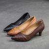 Johnature Pointed Toe Heels Shoes Retro Embossed Pumps Commuting Genuine Leather Fashion Women's Shoes