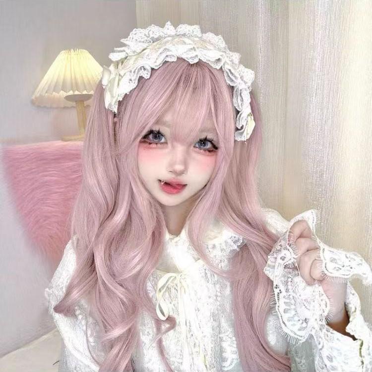 Set Parrucca Lolita Rosa Crepuscolo: Capelli Lunghi Ricci Dolci con Frangia