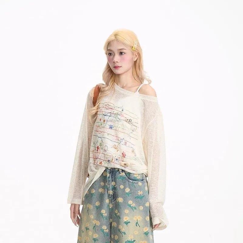 

Women s Oversized Off-Shoulder Knit Top Abstract Embroidery Sheer Long Sleeve Blouse S абрикосовий