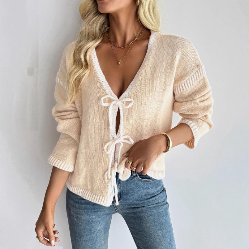 Casual Knitted Cardigan 2025 Autumn New Contrast Color Sweater Jacket for Women