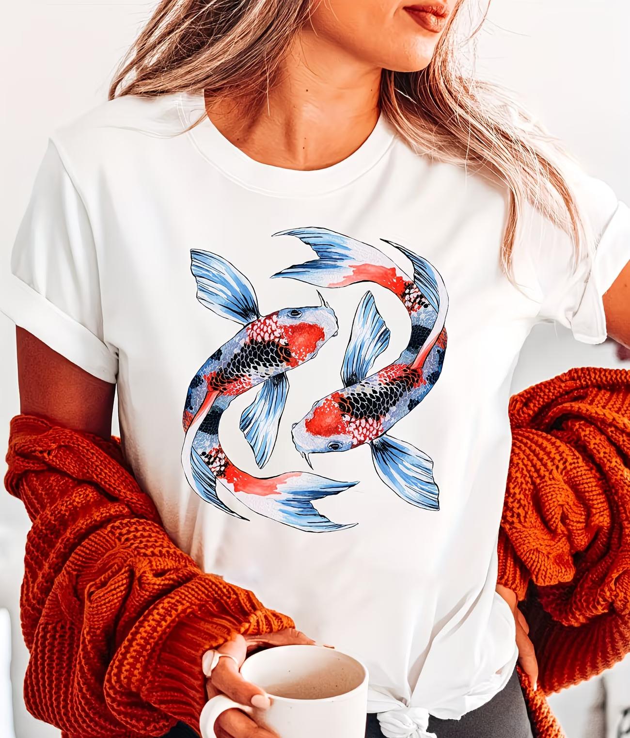

Cherry Blossom Koi Fish Red Sun Fashion Letter Print TShirt Short Sleeve Crew Neck Casual Top for Summer And Spring 4XL
