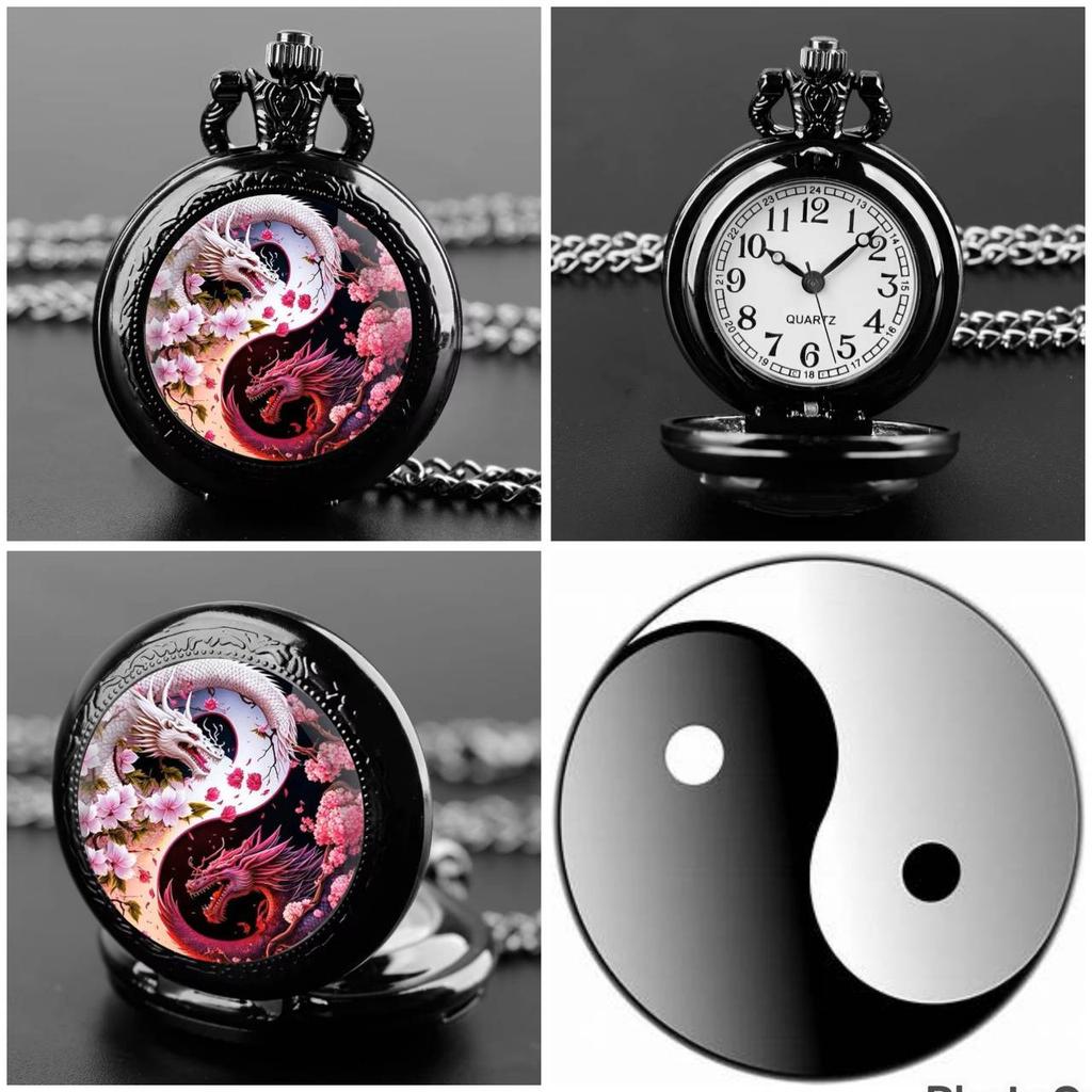 Vintage Retro White Pink Yin Yang Double Dragon Quartz Unisex Men Women Pocket Watch Quartz Necklace Pendant Clock Chain Classic Dial Jewelry Gift