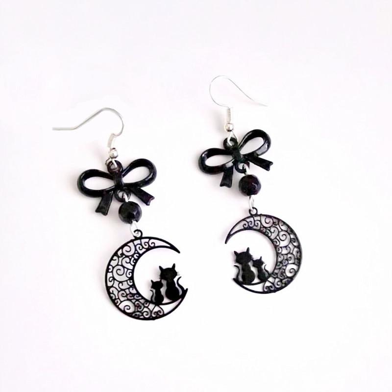 Charm Gothic Black Bowknot Hollowed-out Crescent Moon Kitten Dangle Earrings for Women Halloween Party Witch Jewelry Accessories