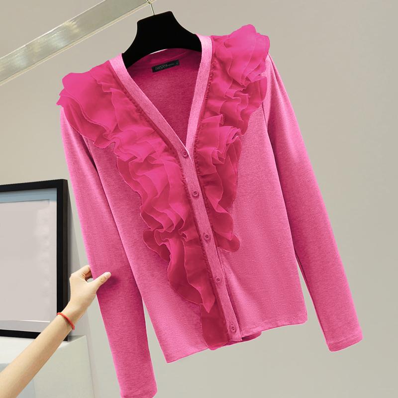 

ZANZEA Женская мода V-образный вырез длинный рукав пэчворк оборки вязаный свитер кардиганы 2XL темно-розовый