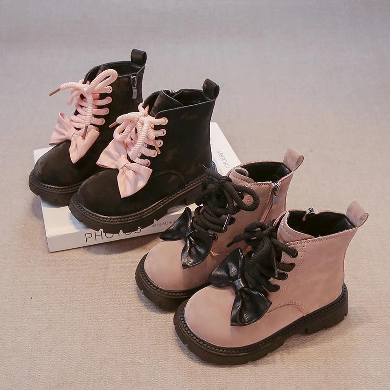 2024 Children Leather Shoes for Girls Winter New Fashion Korean Style Sweet Bowtie Soft Sole Anti-slippery Versatile Short Boots