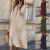 Women's Casual Retro V-Neck Cotton Linen Dress, Mid-Length, Long Sleeve, Plus Size, for Spring and Autumn