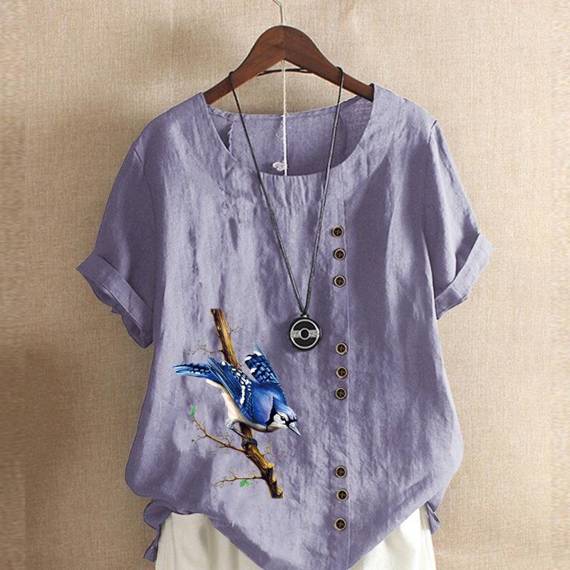 

Женская мода, летняя футболка с круглым вырезом и коротким рукавом, повседневная хлопковая льняная рубашка с рисунком, свободная блузка с принтом для отдыха, топы больших размеров XXXL фиолетовый