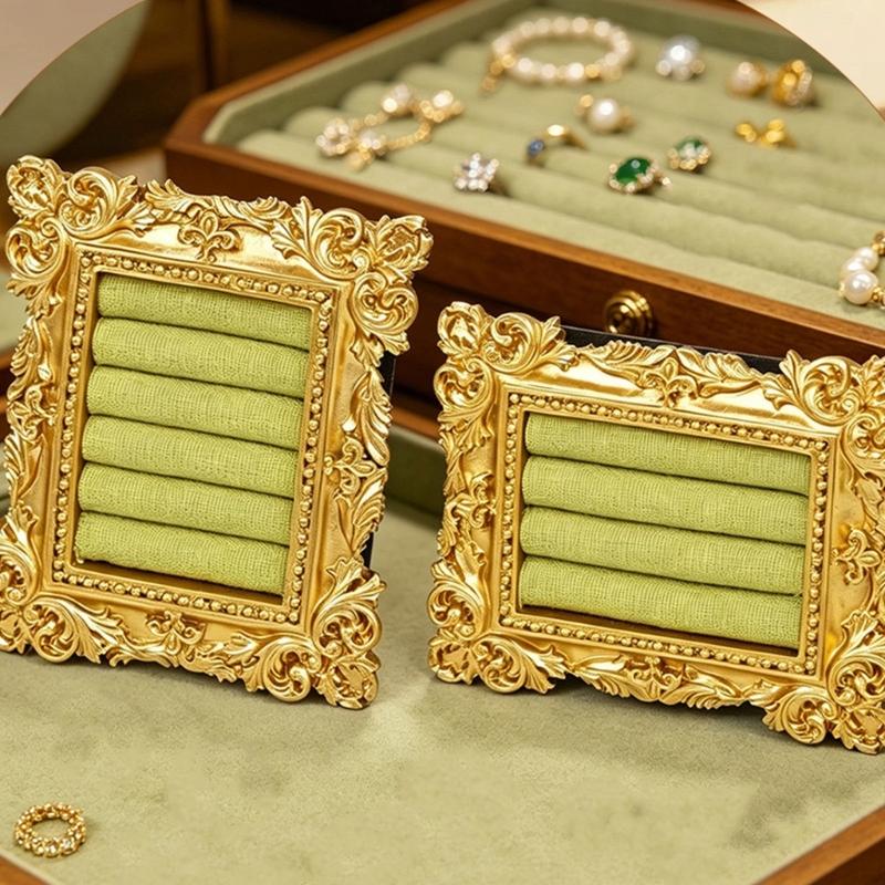 Tabletop Jewelry Display Holder with Ornate Frame, Four Ring Rows for Counter Merchandising, Vanity Storage, and Styling Use