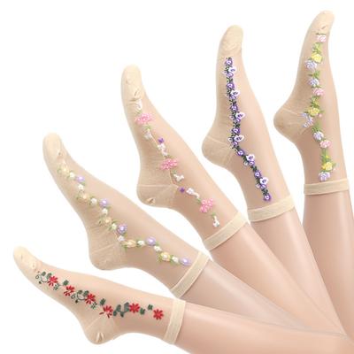 5 Paia di Collant da Donna Nuova Serie Floreale Cotone Fondo Antiscivolo Anti-Gancio Tubo di Seta Cristallo