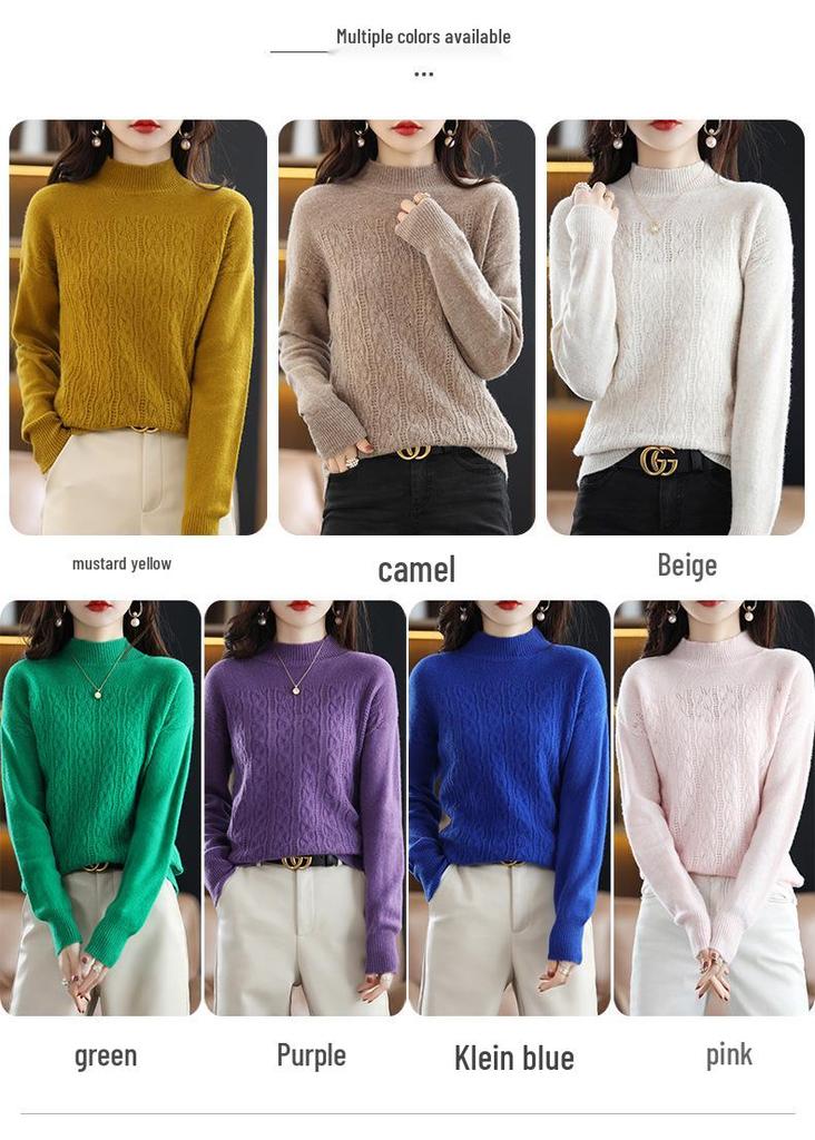 Women's 100% Pure Wool Hollowed Cable Knit Sweater, Half-High Neck, Drop Shoulder Pullover, Casual Versatile Knitwear