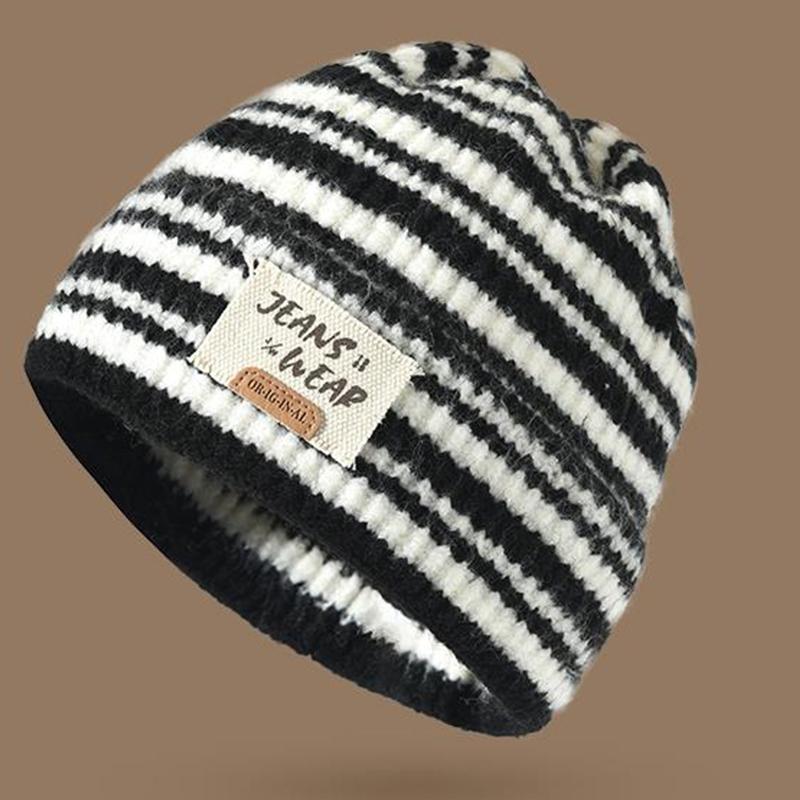 Autumn And Winter  Striped Versatile Korean Style  Large Head Circumference Wool Knitted Hat Pullover Hat For Women